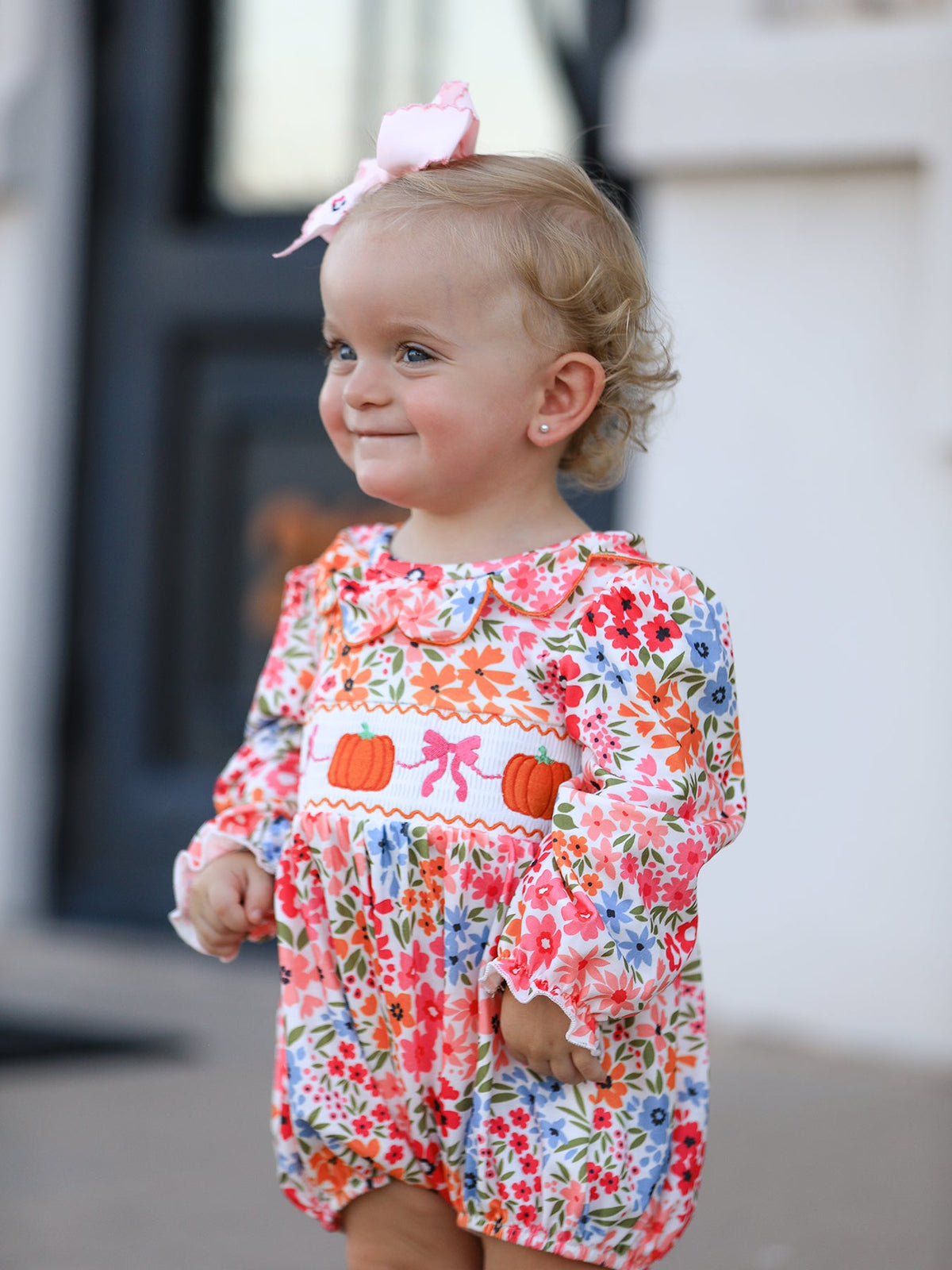 Rylee Faith Designs - Fall Halloween & Thanksgiving Pumpkin Bow Smock Embroidered Floral Baby Girl Romper - alternate view 2