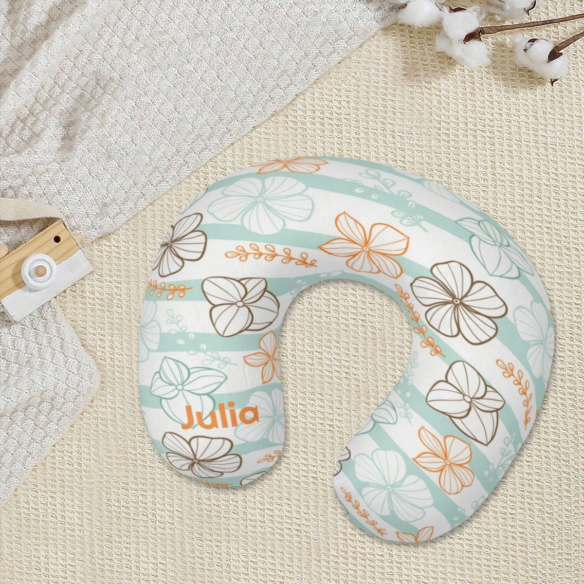 Personalized Floral Stripe Travel Neck Pillow with Name | Memory Foam, Detachable Washable Cover | Custom Gift for Women and Teens