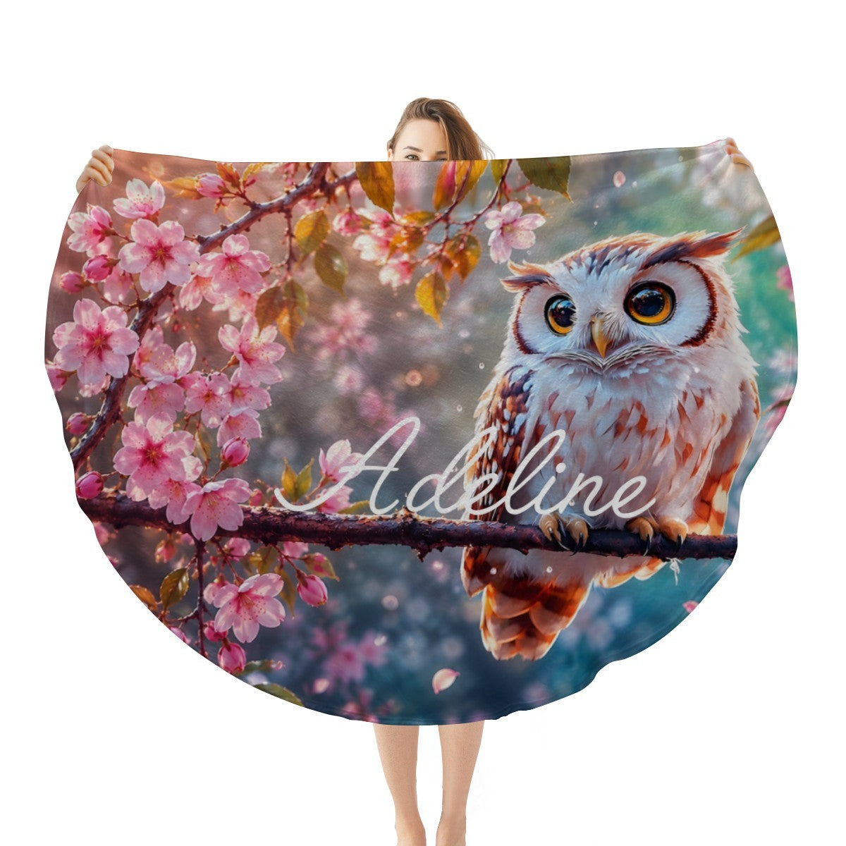 Personalized Owl Round Blanket with Name - White Owl on Cherry Blossom Branch with Custom Name in White Cursive - Owl Gift for Women