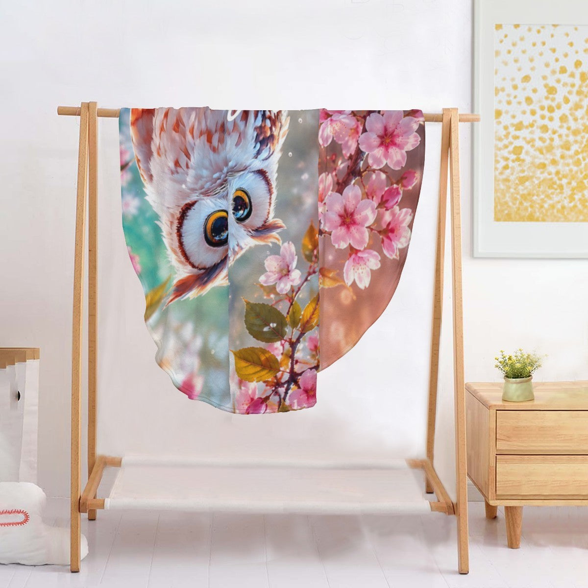 Personalized Owl Round Blanket with Name - White Owl on Cherry Blossom Branch with Custom Name in White Cursive - Owl Gift for Women