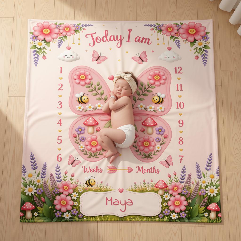 Personalized Baby Milestone Blanket with Name - Butterfly Garden Design with Month Numbers, Meadow Border, and Baby Name on Cream Oval Plaque - Newborn Photoshoot Prop