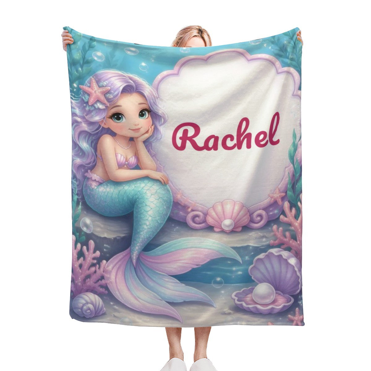 Personalized Mermaid Blanket with Name | Purple Hair & Clamshell Design | Custom Girls Gift