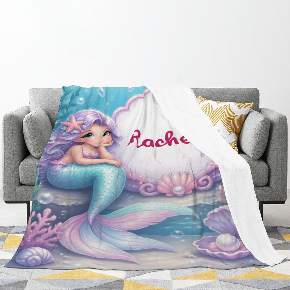Personalized Mermaid Blanket with Name | Purple Hair & Clamshell Design | Custom Girls Gift