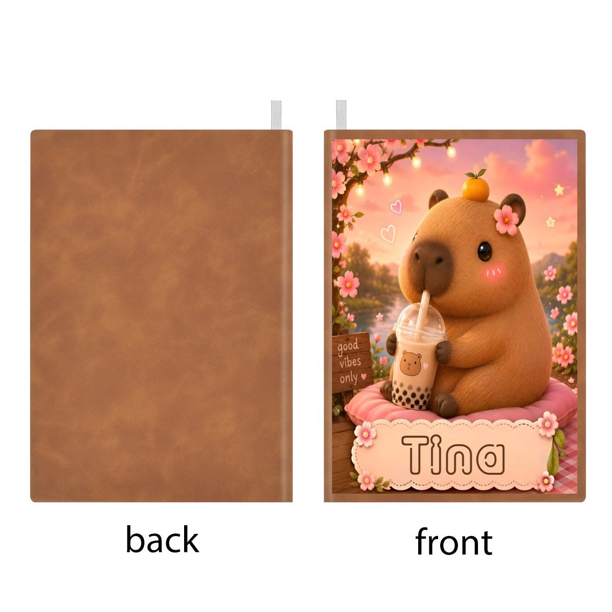 Personalized Capybara Journal with Name - Kawaii Capybara Boba Tea Cover on Soft PU A5 Notebook with Cream Lined Pages - Custom Gift for Teen Girls