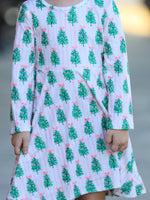 Rylee Faith Designs - Christmas Girls Pink Stripe Tree Bow Twirl Dress
