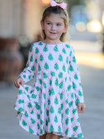 Rylee Faith Designs - Christmas Girls Pink Stripe Tree Bow Twirl Dress - alternate view 2