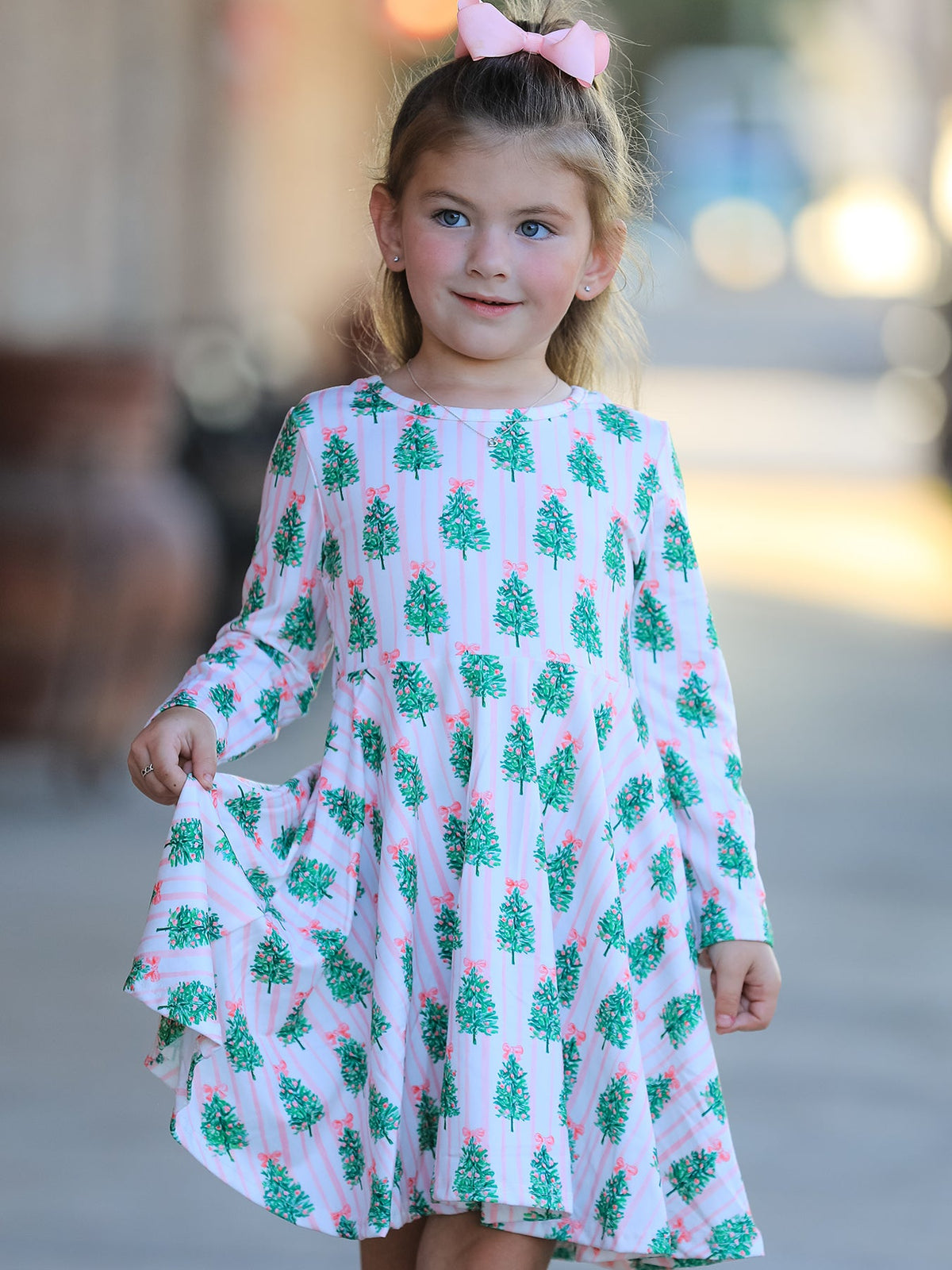 Rylee Faith Designs - Christmas Girls Pink Stripe Tree Bow Twirl Dress - alternate view 2