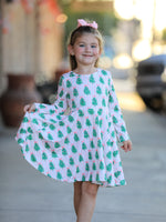 Rylee Faith Designs - Christmas Girls Pink Stripe Tree Bow Twirl Dress - alternate view 3