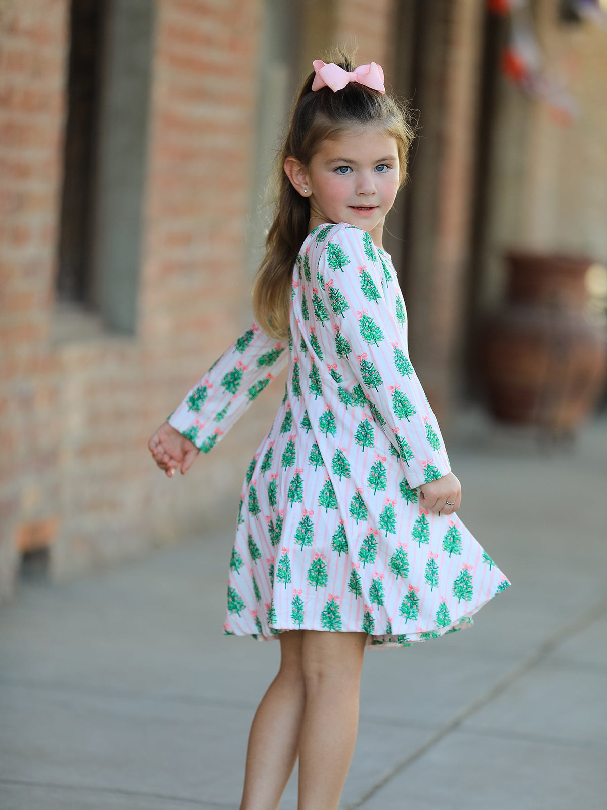 Rylee Faith Designs - Christmas Girls Pink Stripe Tree Bow Twirl Dress - alternate view 4