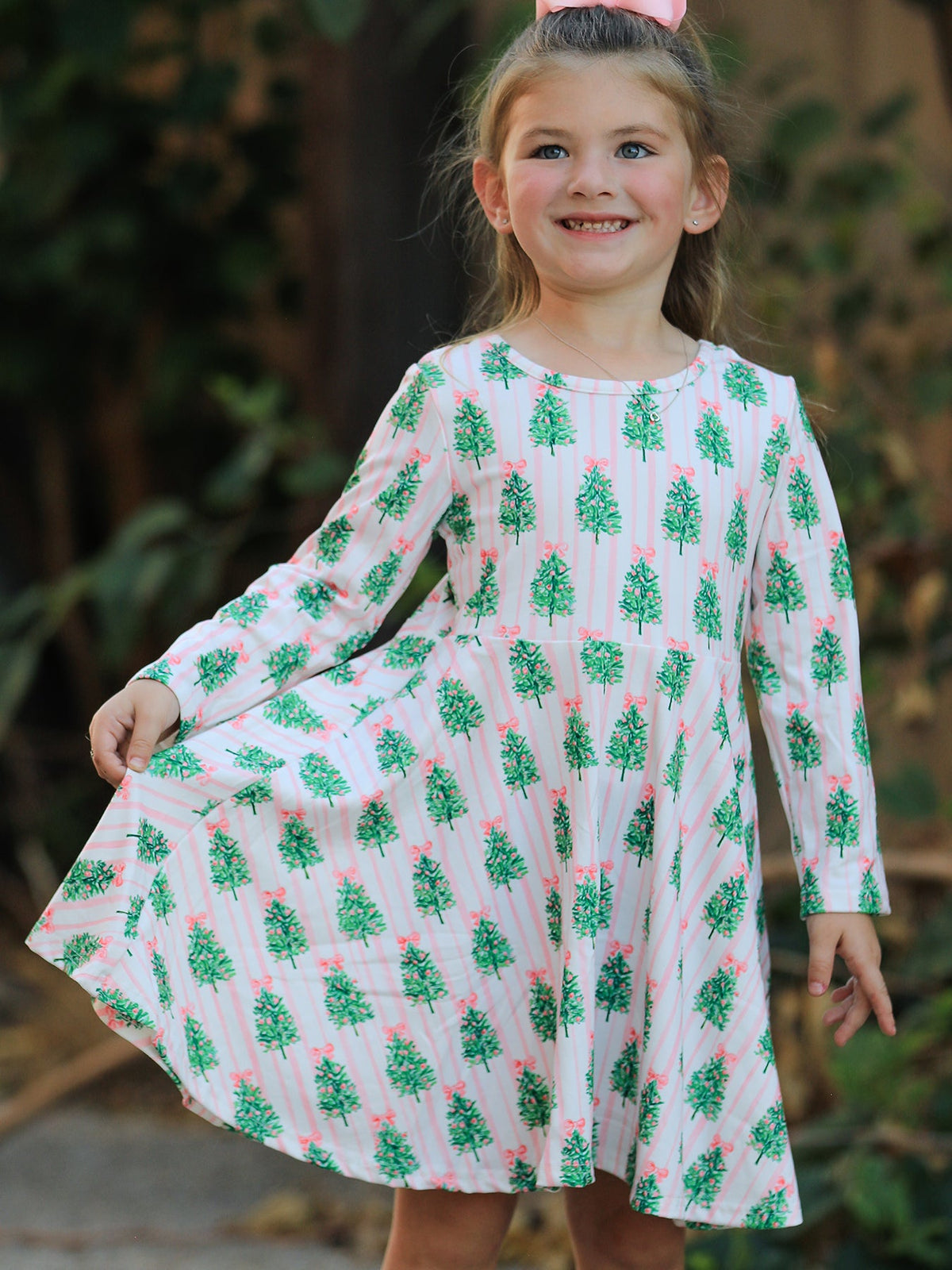 Rylee Faith Designs - Christmas Girls Pink Stripe Tree Bow Twirl Dress - alternate view 5