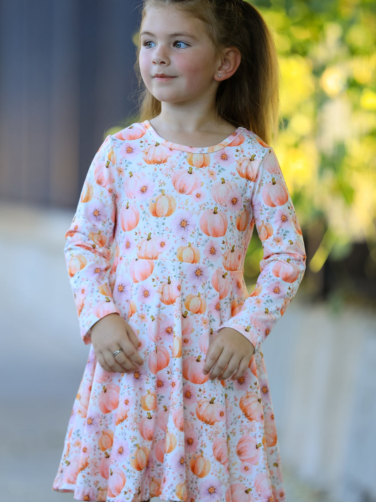 Rylee Faith Designs - Fall Pink Pumpkin Girls Long Sleeve Twirl Dress - alternate view 5