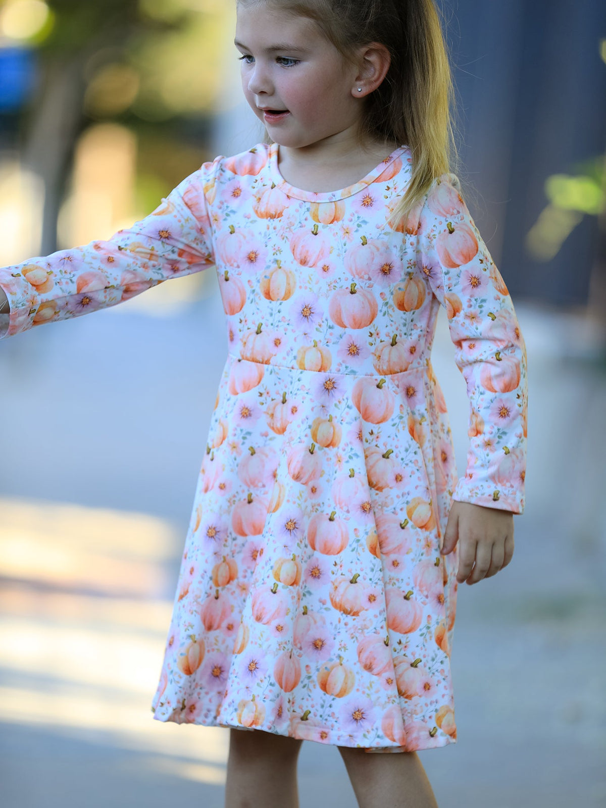 Rylee Faith Designs - Fall Pink Pumpkin Girls Long Sleeve Twirl Dress - alternate view 3