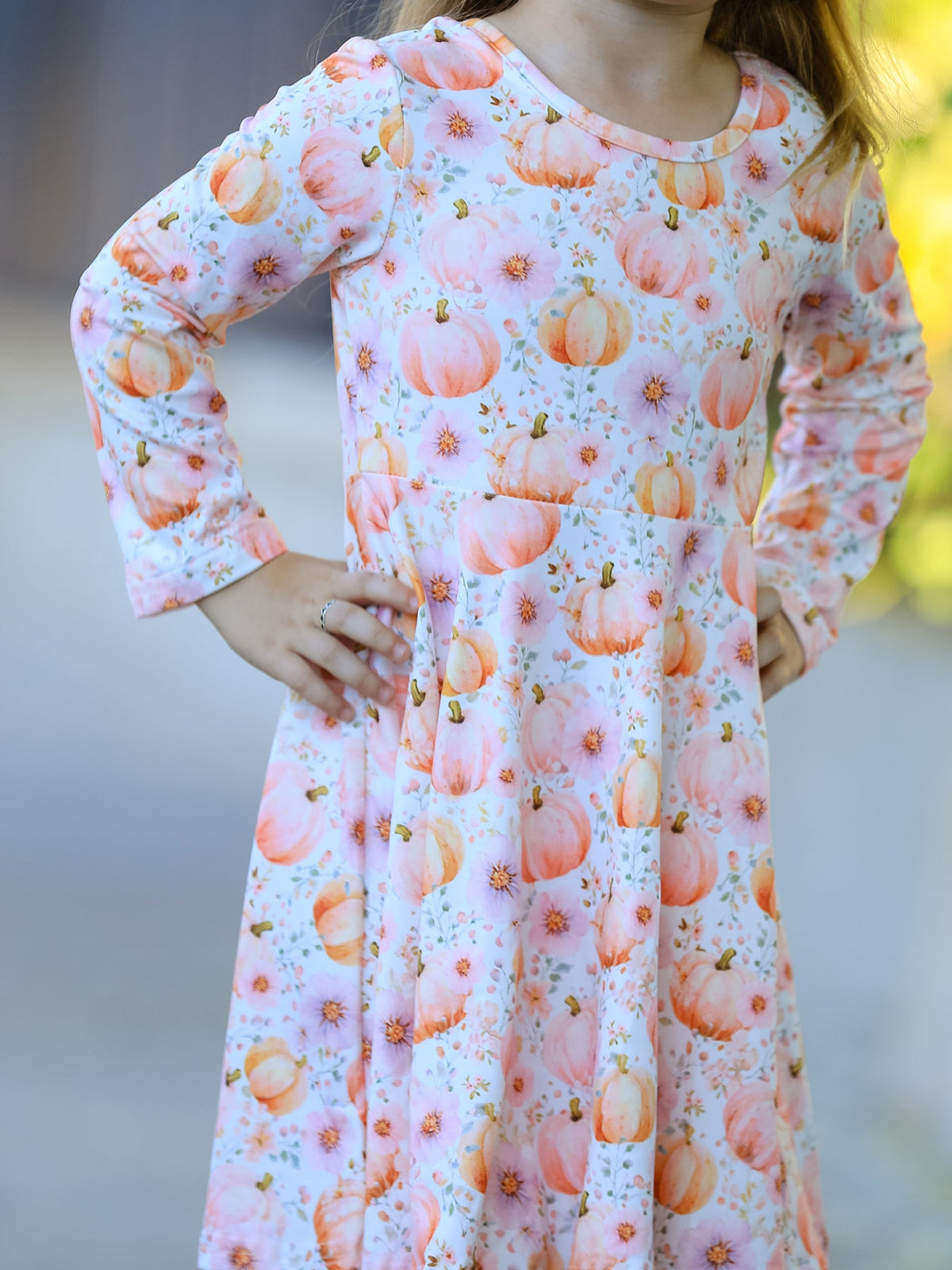 Rylee Faith Designs - Fall Pink Pumpkin Girls Long Sleeve Twirl Dress - alternate view 4
