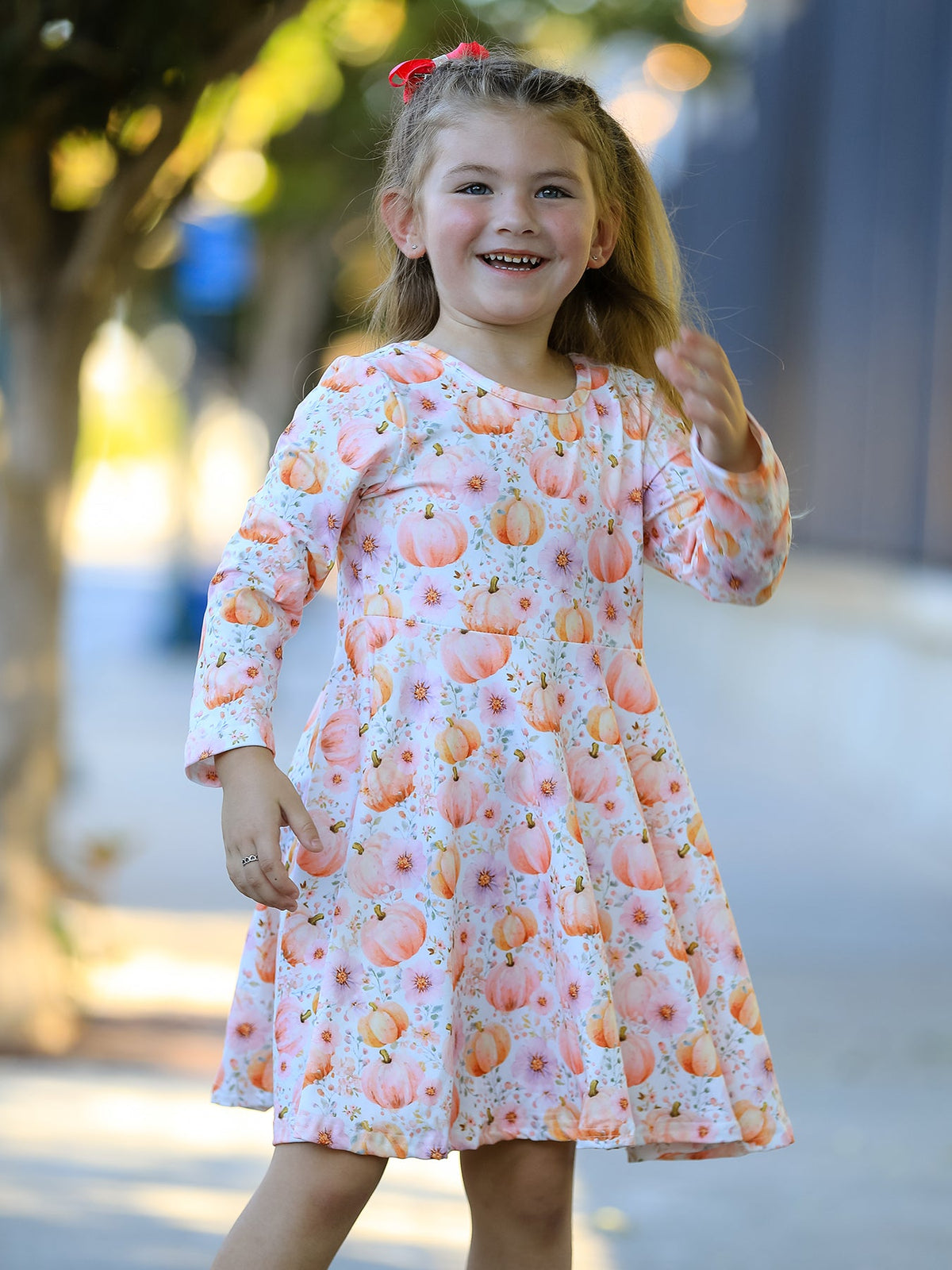 Rylee Faith Designs - Fall Pink Pumpkin Girls Long Sleeve Twirl Dress - alternate view 2