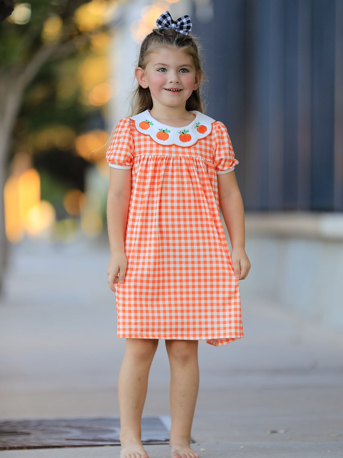 Rylee Faith Designs - Fall Pumpkin Embroidered Puff Sleeve Girls Dress - alternate view 2