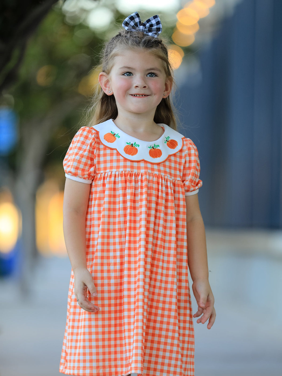 Rylee Faith Designs - Fall Pumpkin Embroidered Puff Sleeve Girls Dress