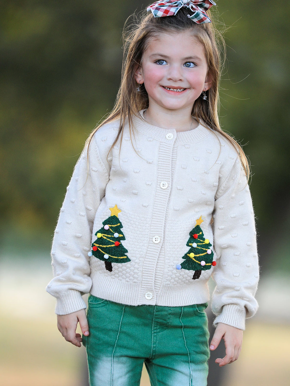 Rylee Faith Designs - Christmas Tree Knit Cardigan Kids Holiday Sweater Button Front - alternate view 2