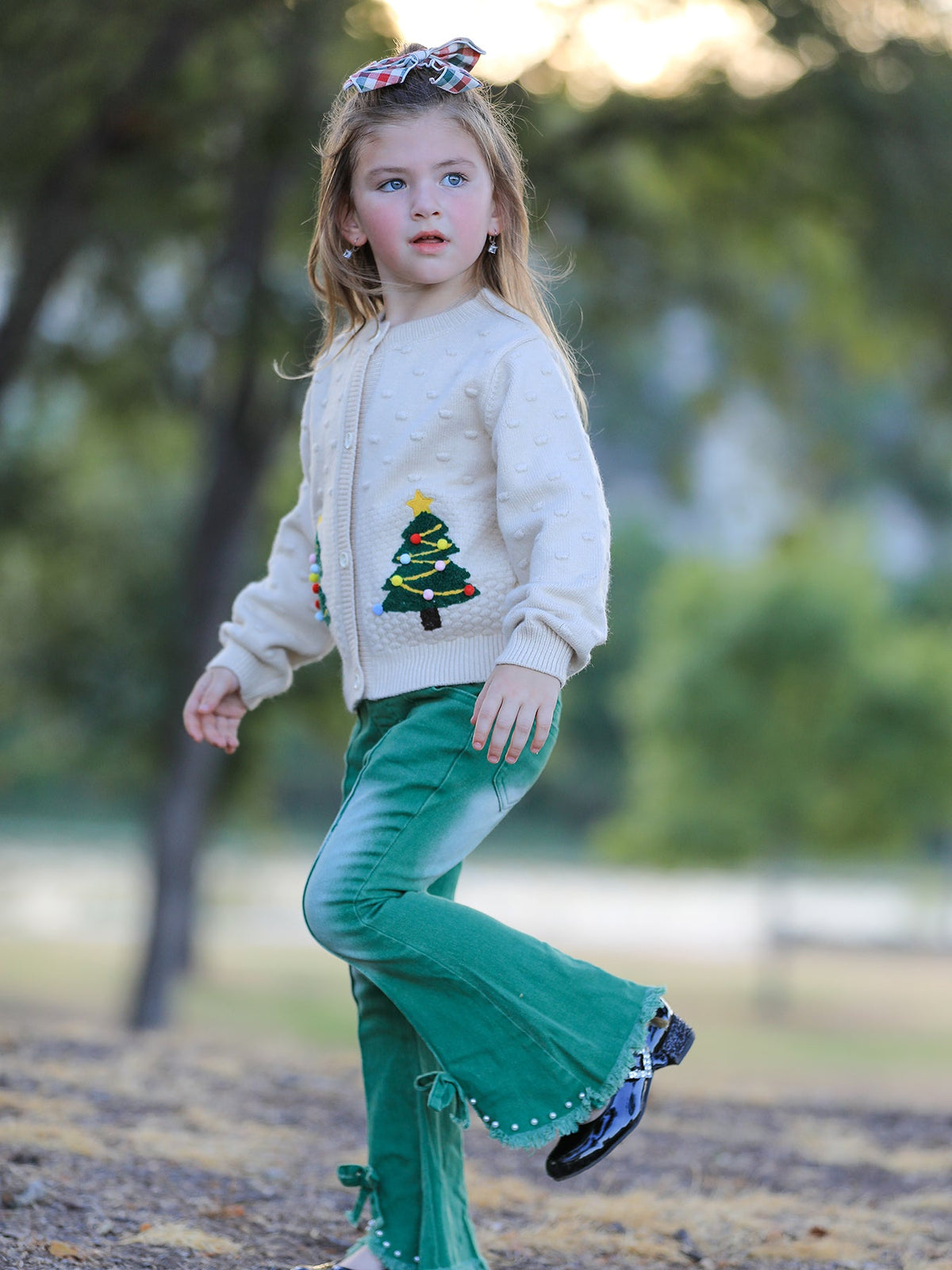 Rylee Faith Designs - Christmas Tree Knit Cardigan Kids Holiday Sweater Button Front - alternate view 4