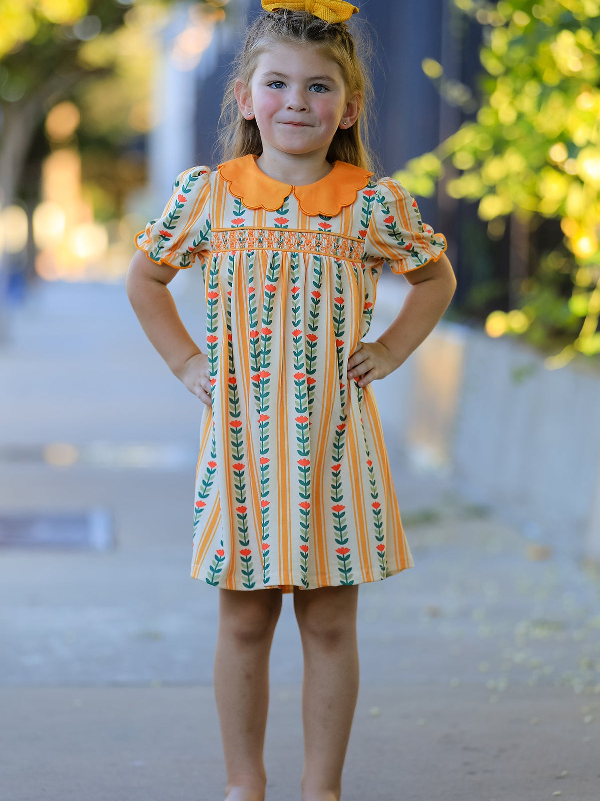 Rylee Faith Designs - Fall Floral Stripe Girls Dress Petals Collar Smocked - alternate view 6