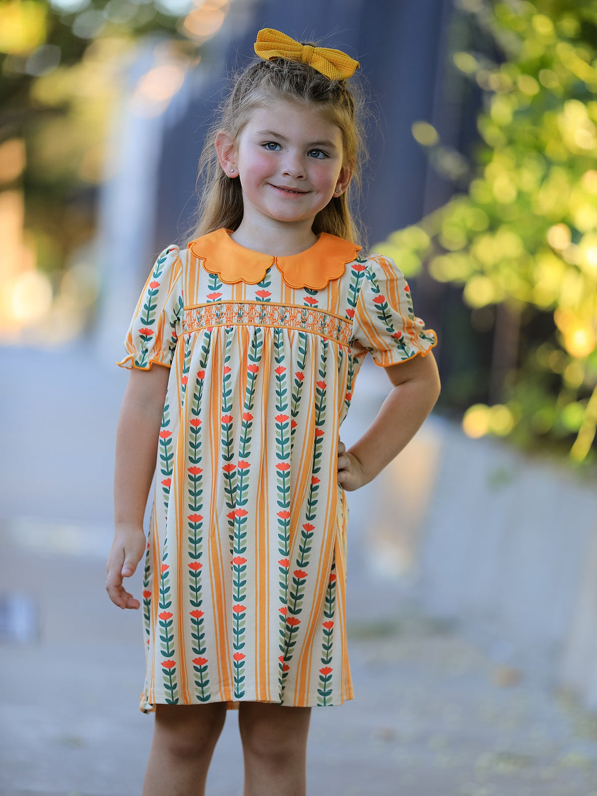 Rylee Faith Designs - Fall Floral Stripe Girls Dress Petals Collar Smocked - alternate view 2