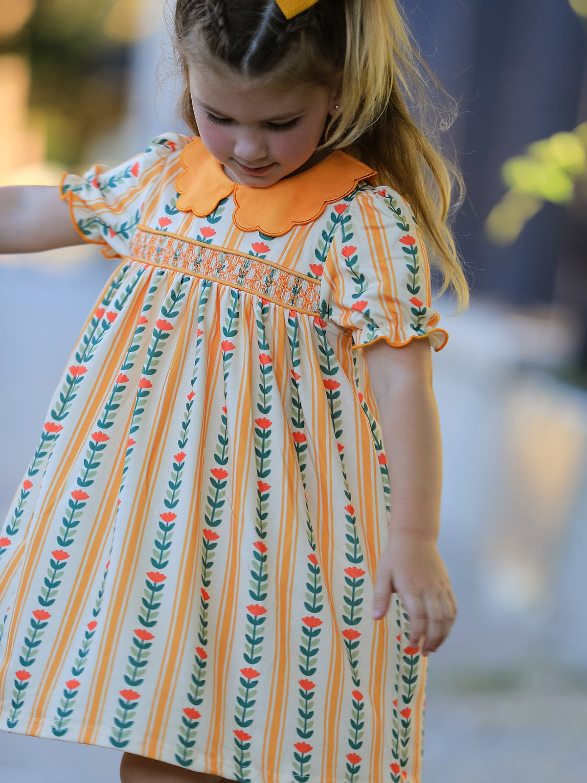 Rylee Faith Designs - Fall Floral Stripe Girls Dress Petals Collar Smocked