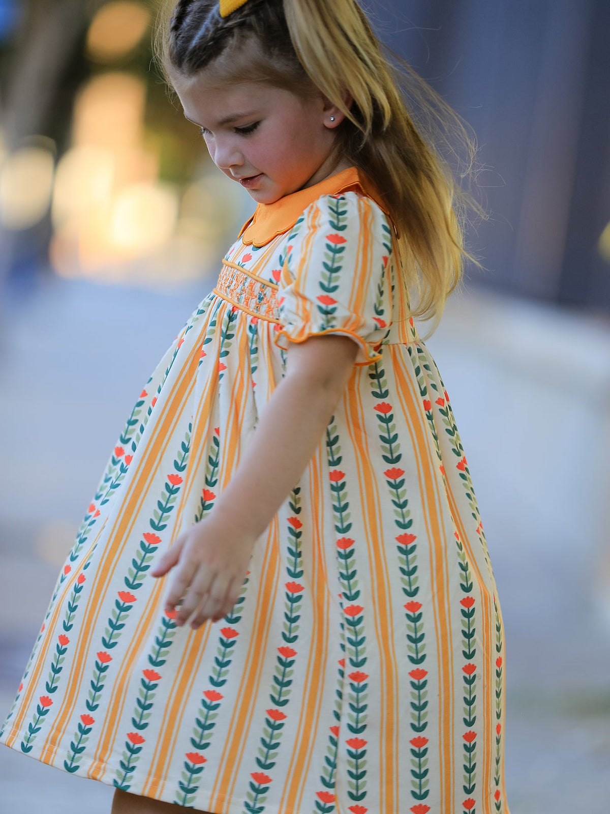 Rylee Faith Designs - Fall Floral Stripe Girls Dress Petals Collar Smocked - alternate view 4