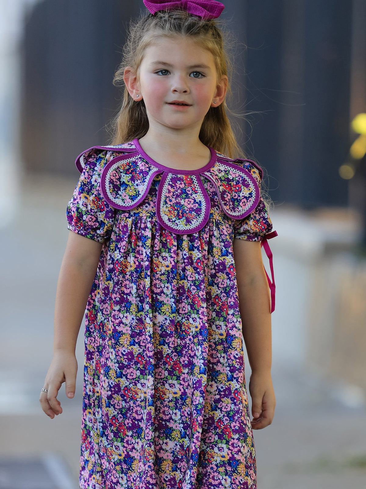 Rylee Faith Designs - Purple Floral Bow Petals Collar Girls Dress