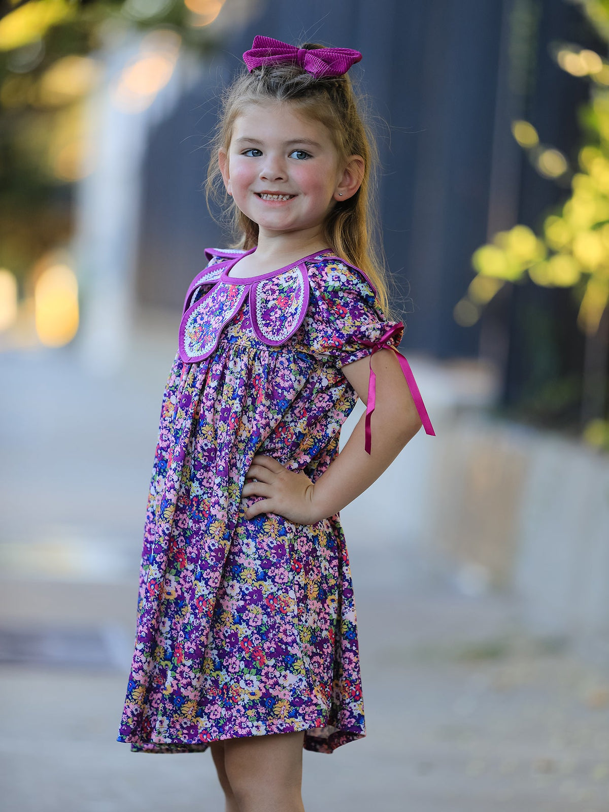 Rylee Faith Designs - Purple Floral Bow Petals Collar Girls Dress - alternate view 3