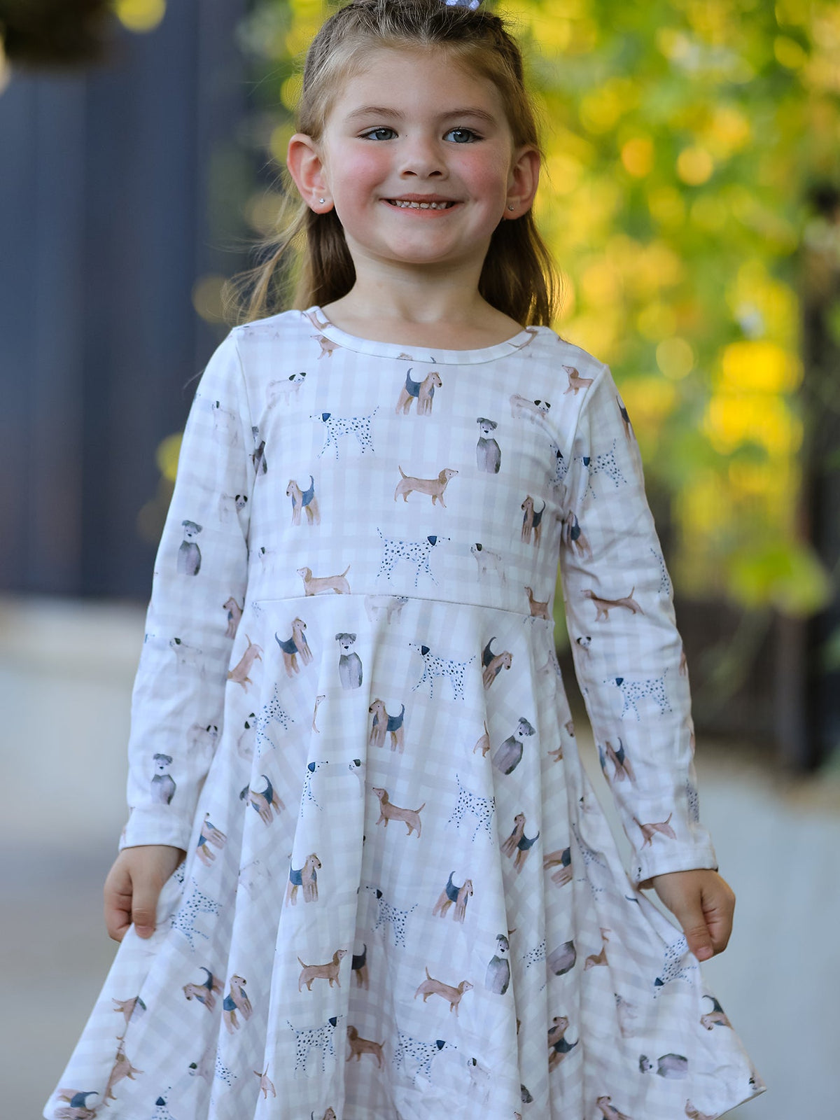 Rylee Faith Designs - Fall Plaid Dog Print Girls Long Sleeve Twirl Dress - alternate view 3
