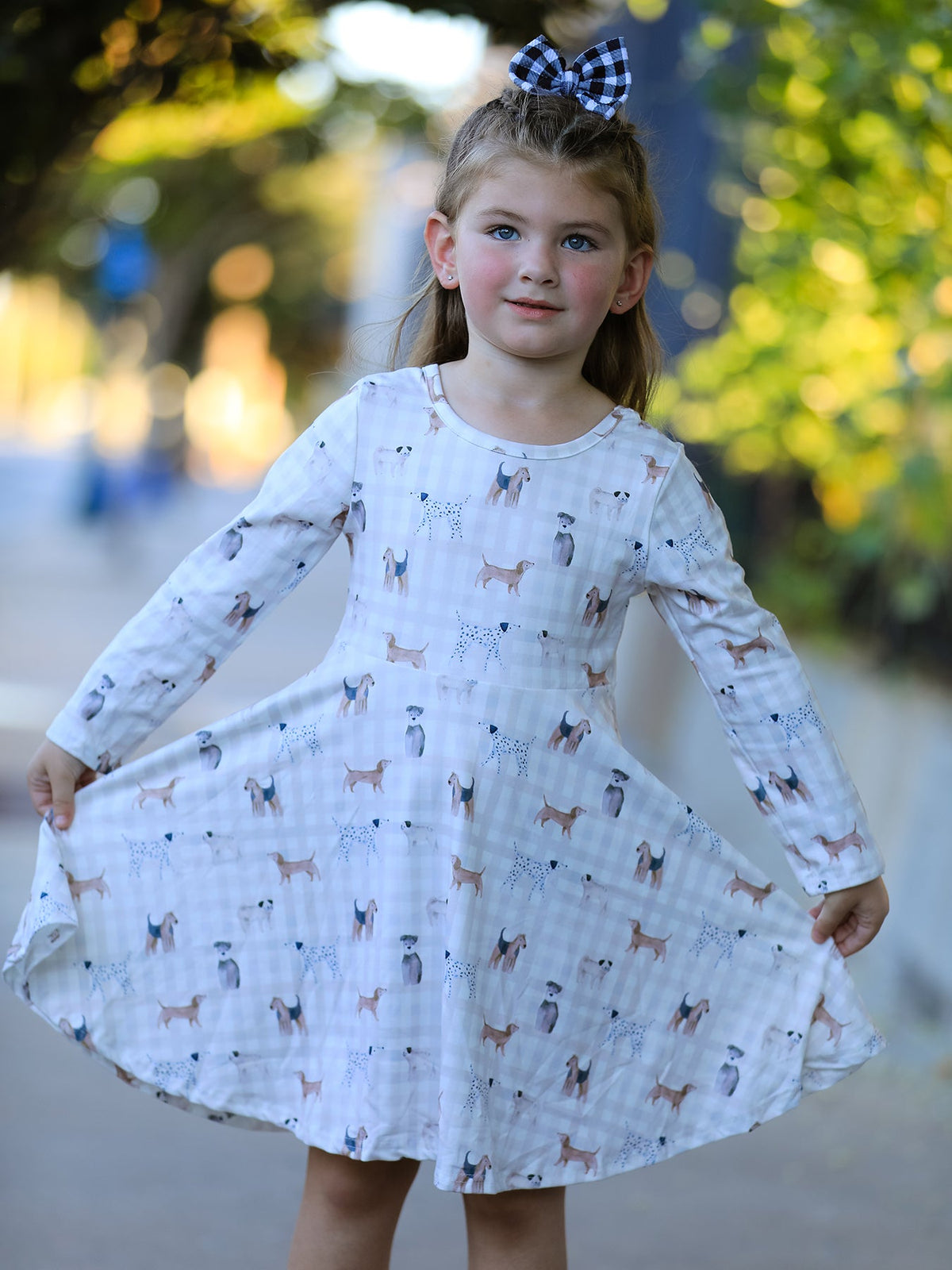 Rylee Faith Designs - Fall Plaid Dog Print Girls Long Sleeve Twirl Dress