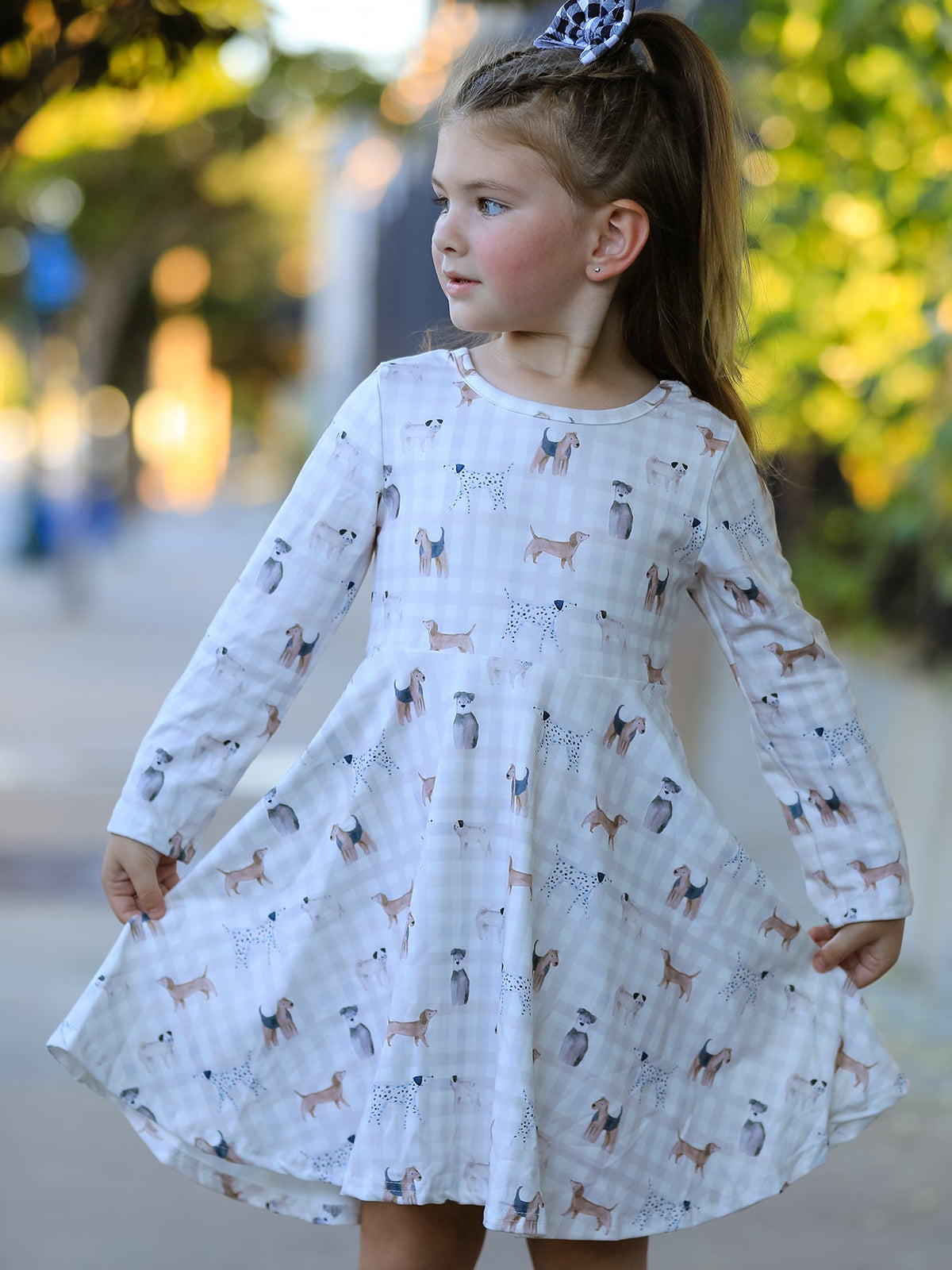 Rylee Faith Designs - Fall Plaid Dog Print Girls Long Sleeve Twirl Dress - alternate view 2