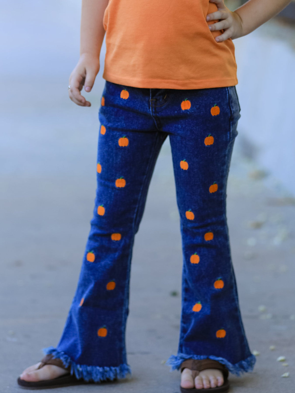 Rylee Faith Designs - Girls Pumpkin Embroidered Flare Jeans Fall Denim Pants with Fringe Hem - alternate view 4