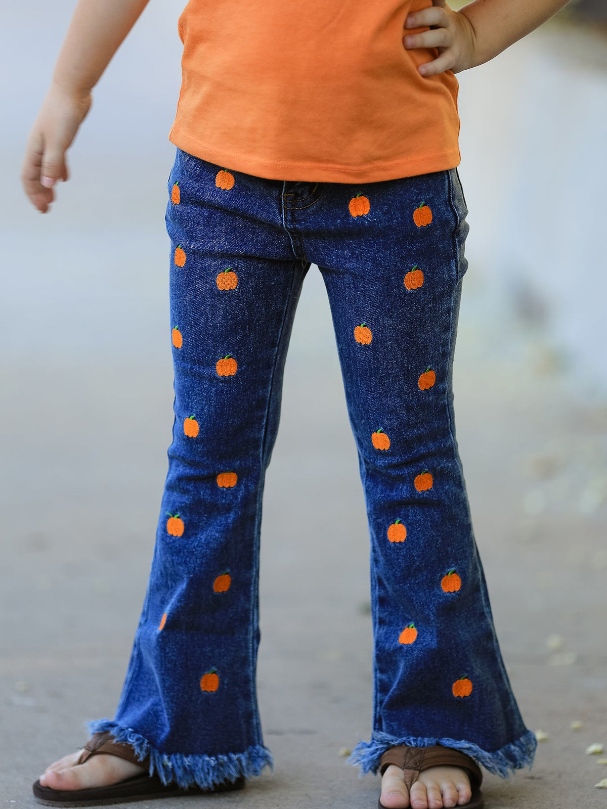 Rylee Faith Designs - Girls Pumpkin Embroidered Flare Jeans Fall Denim Pants with Fringe Hem