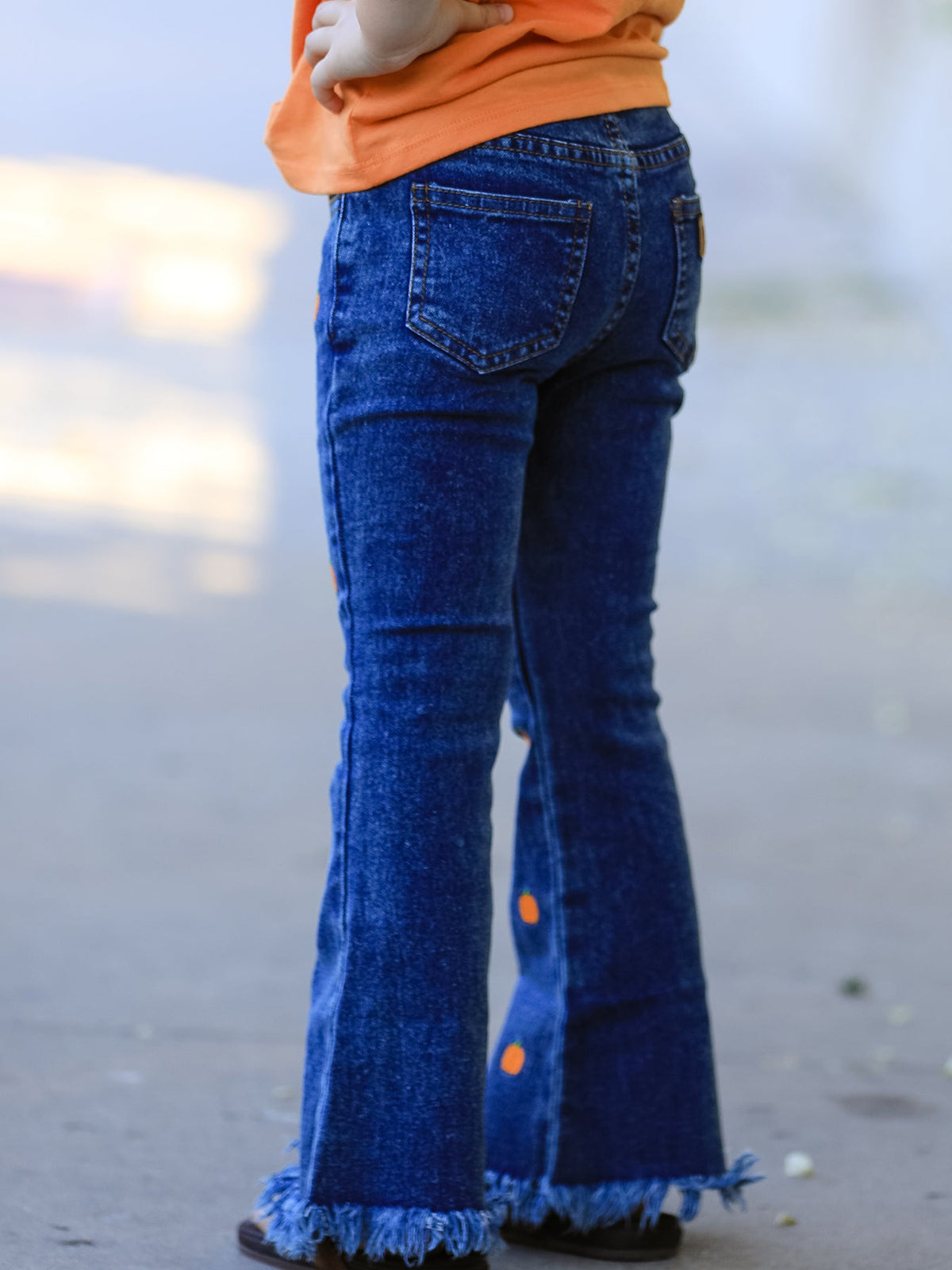 Rylee Faith Designs - Girls Pumpkin Embroidered Flare Jeans Fall Denim Pants with Fringe Hem - alternate view 3