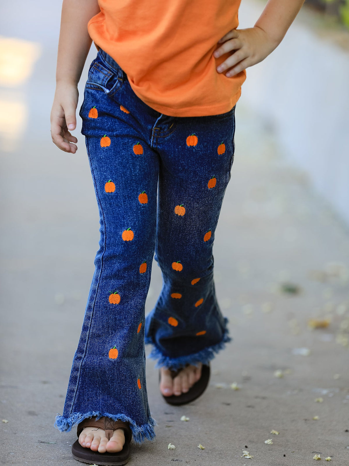 Rylee Faith Designs - Girls Pumpkin Embroidered Flare Jeans Fall Denim Pants with Fringe Hem - alternate view 2