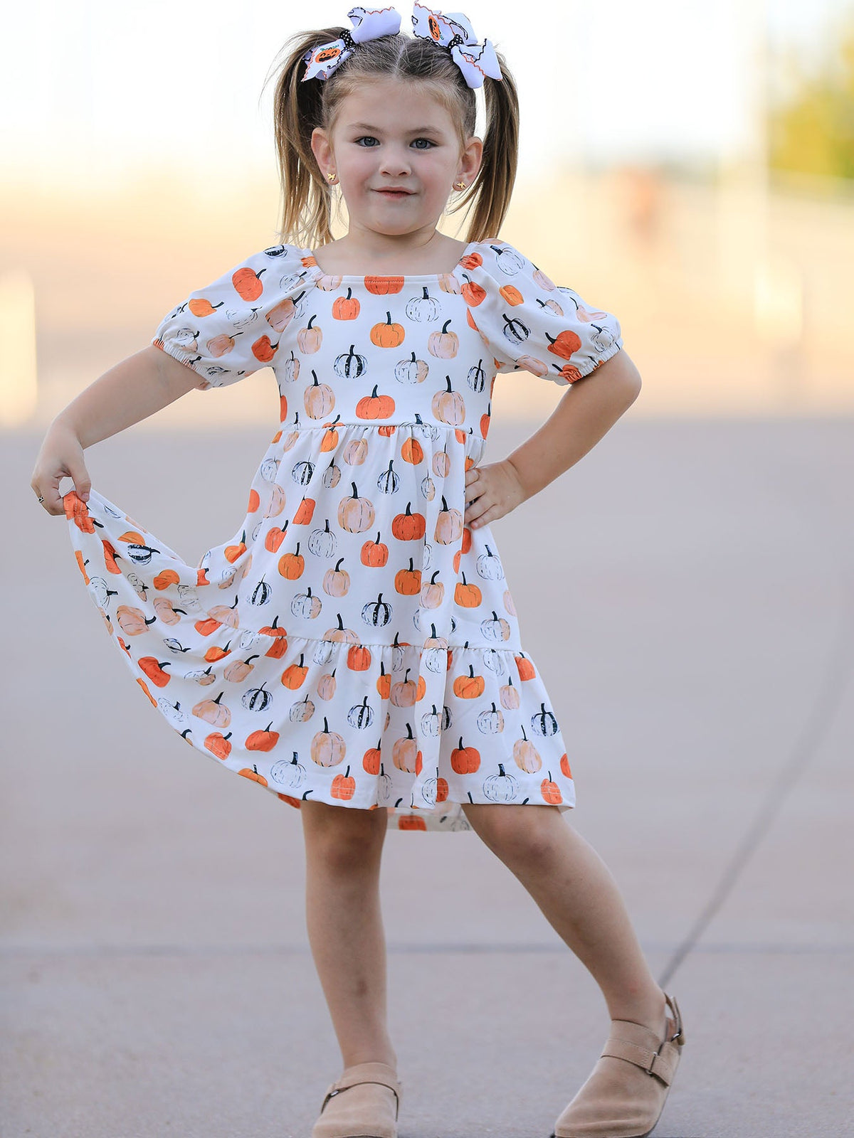 Rylee Faith Designs - Fall Pumpkin Puff Sleeve Girls Dress
