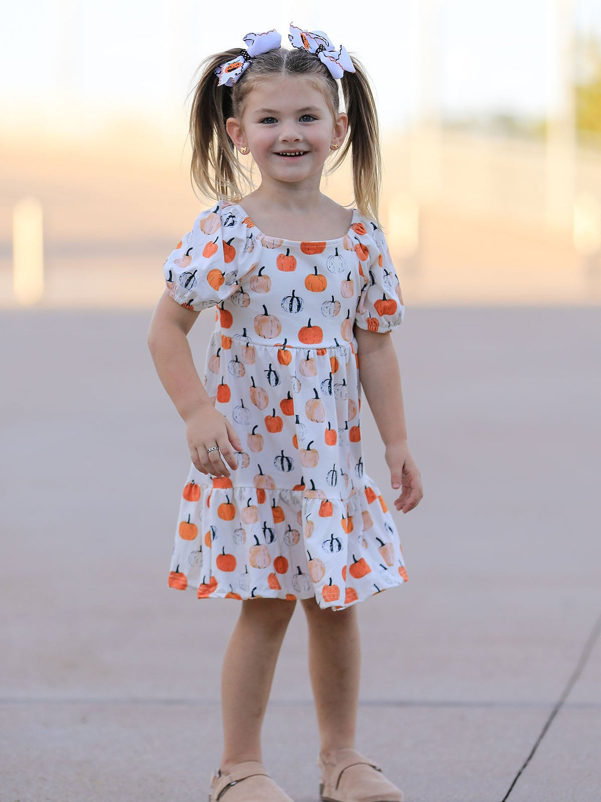 Rylee Faith Designs - Fall Pumpkin Puff Sleeve Girls Dress - alternate view 3