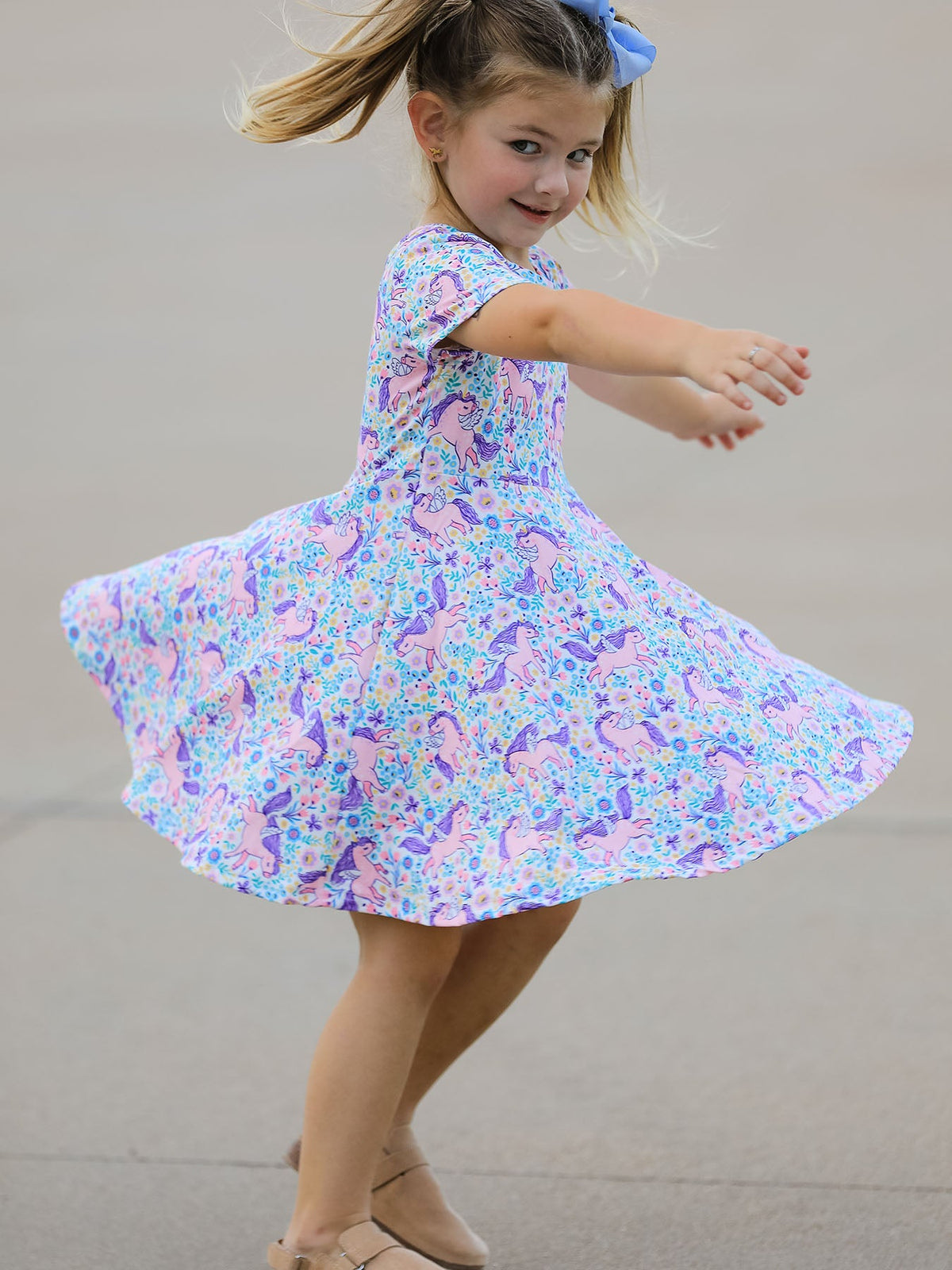 Rylee Faith Designs - Unicorn Floral Print Girls Short Sleeve Twirl Dress - alternate view 3