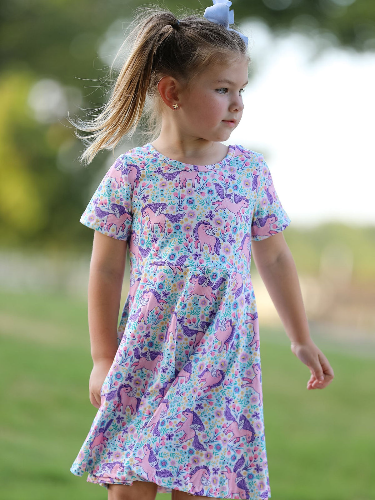 Rylee Faith Designs - Unicorn Floral Print Girls Short Sleeve Twirl Dress - alternate view 4