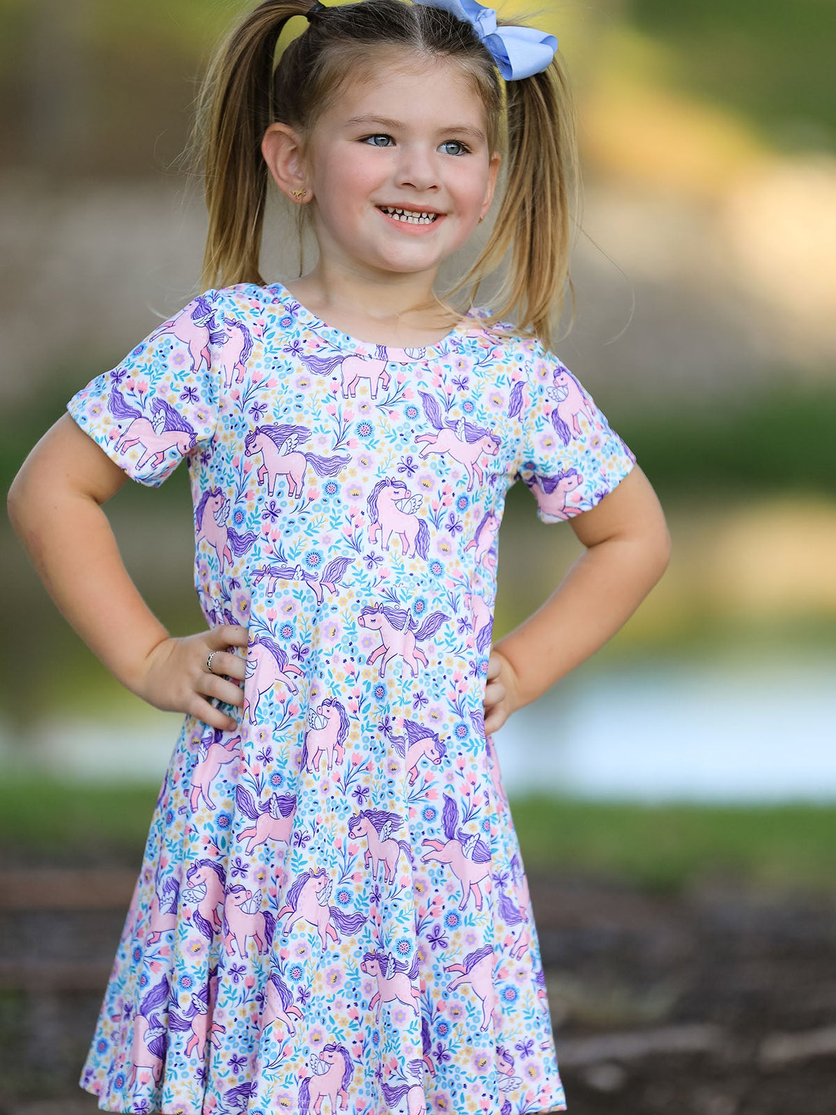 Rylee Faith Designs - Unicorn Floral Print Girls Short Sleeve Twirl Dress
