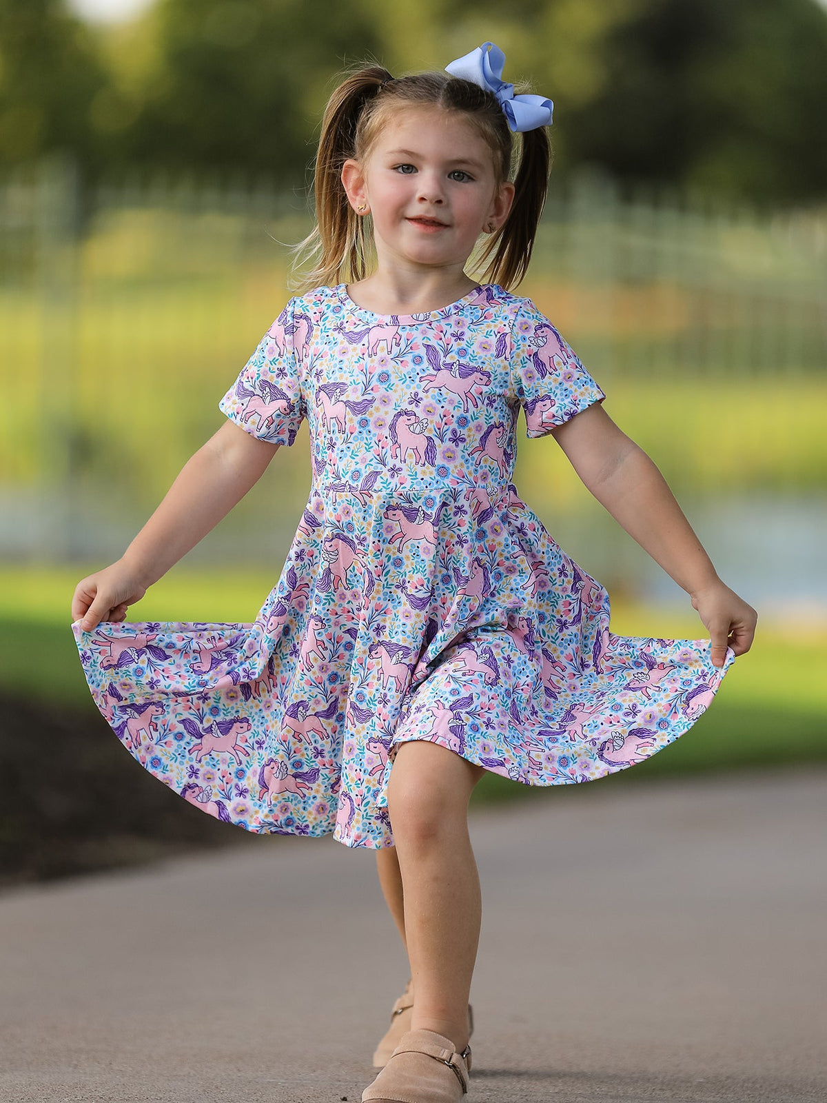 Rylee Faith Designs - Unicorn Floral Print Girls Short Sleeve Twirl Dress - alternate view 2