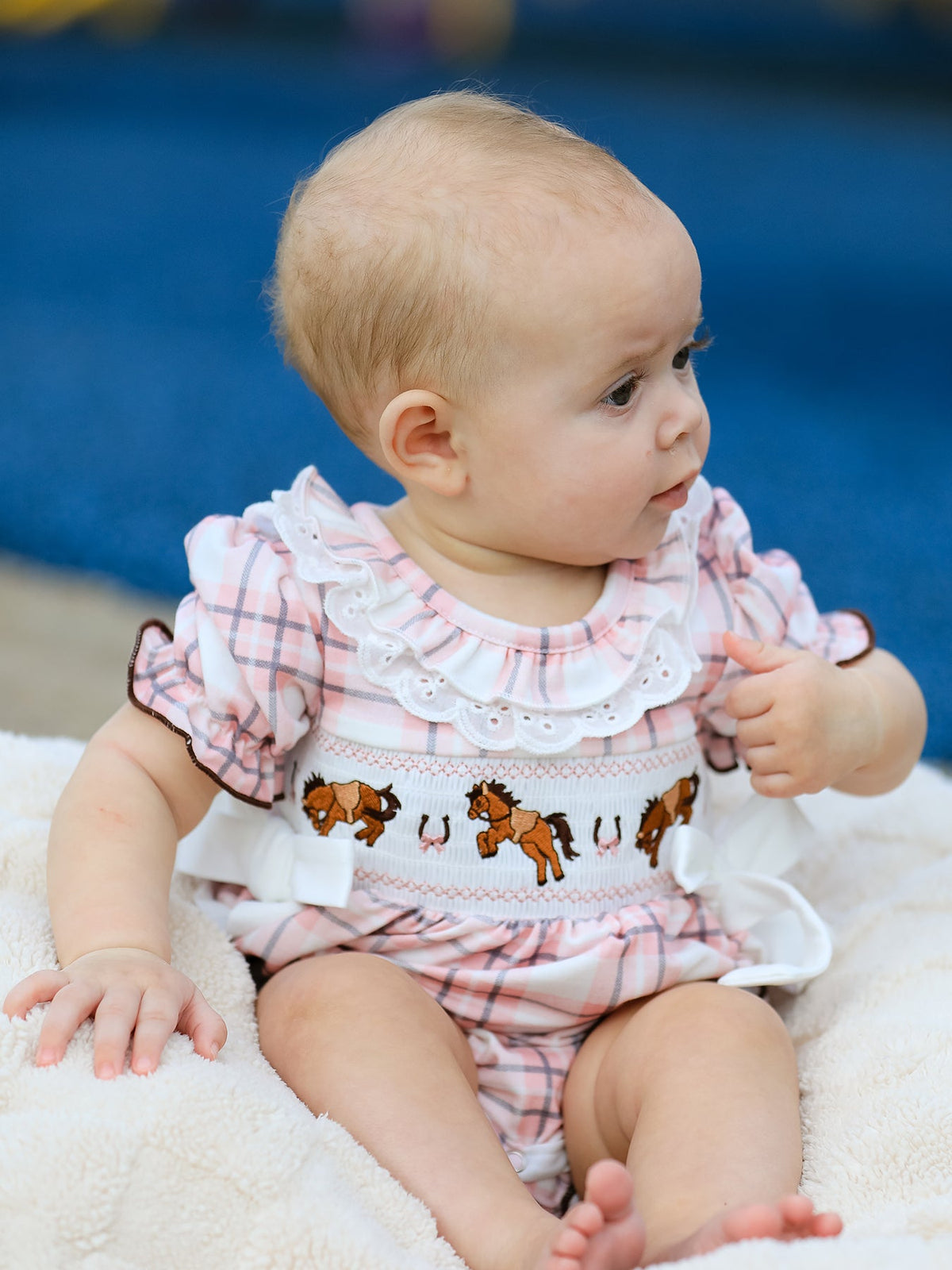 Rylee Faith Designs - Western Horse Embroidered Smocked Plaid Baby Girl Romper