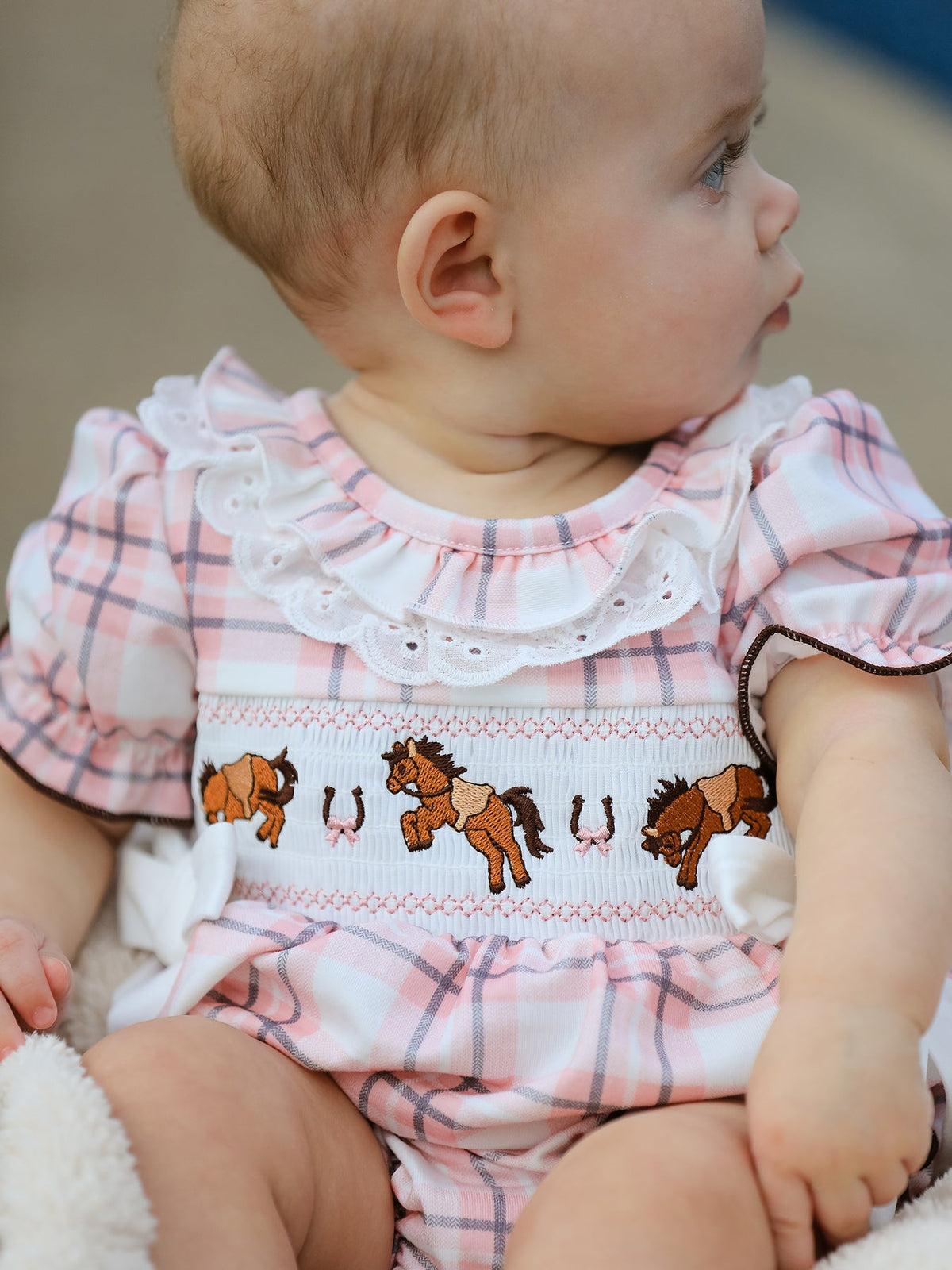 Rylee Faith Designs - Western Horse Embroidered Smocked Plaid Baby Girl Romper - alternate view 2
