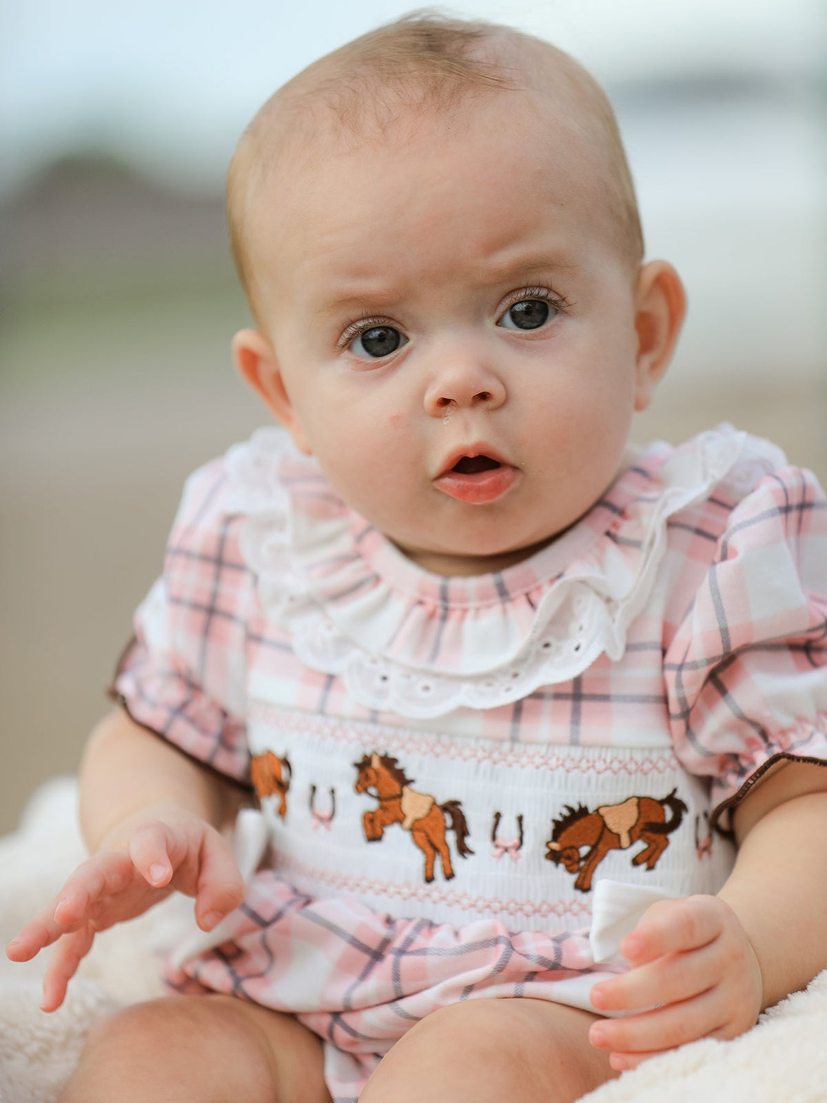 Rylee Faith Designs - Western Horse Embroidered Smocked Plaid Baby Girl Romper - alternate view 3