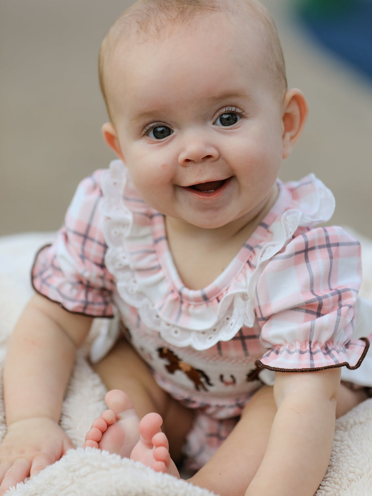 Rylee Faith Designs - Western Horse Embroidered Smocked Plaid Baby Girl Romper - alternate view 4