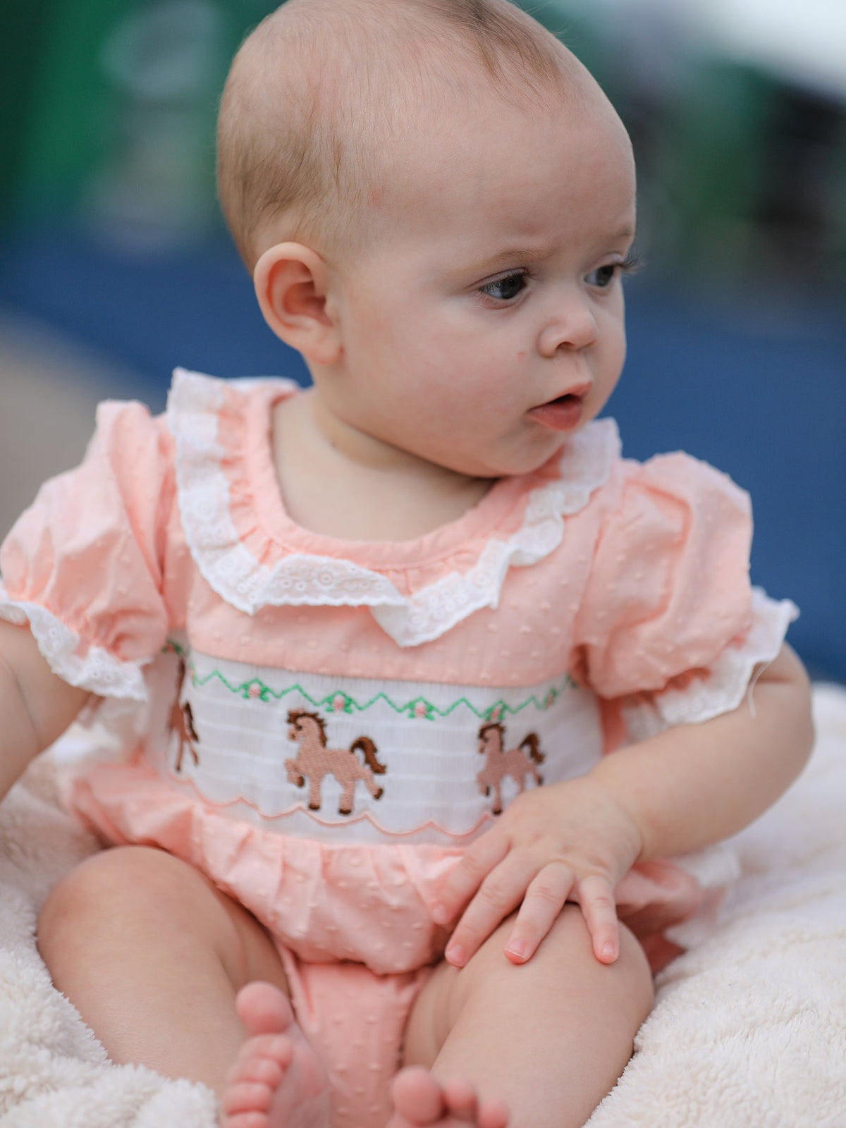 Rylee Faith Designs - Western Horse Embroidery Girls Romper Lace Petals Collar Puff Sleeve