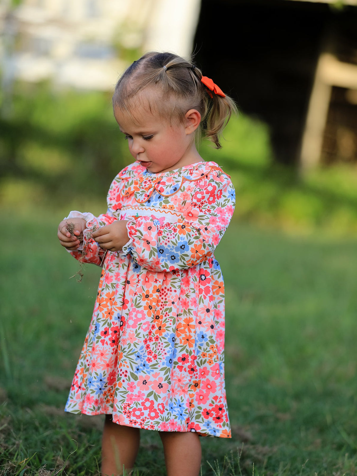 Rylee Faith Designs - Fall Halloween & Thanksgiving Pumpkin Bow Smock Embroidered Floral Dress - alternate view 4