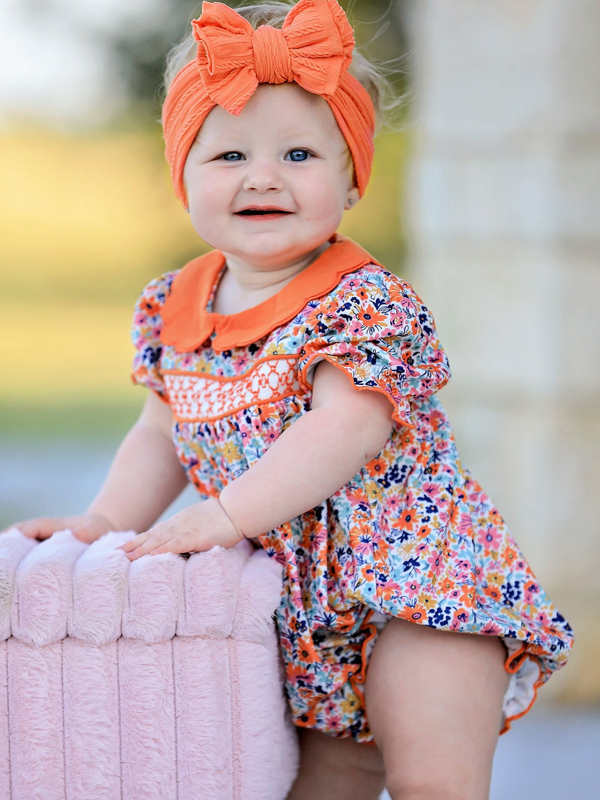 Rylee Faith Designs - Fall Floral Smocked Petals Collar Girls Bubble Romper - alternate view 2