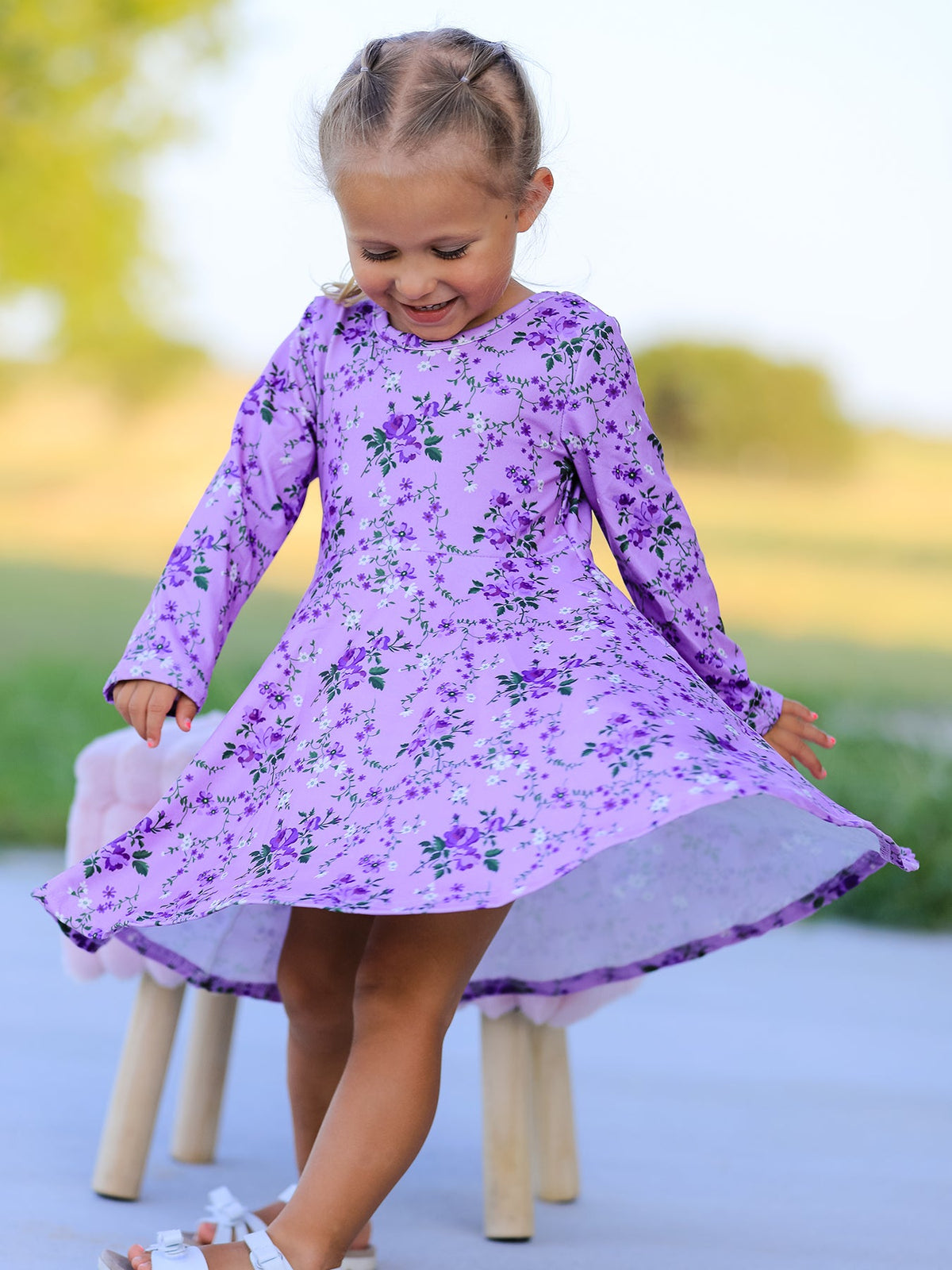 Rylee Faith Designs - Fall Lavender Floral Print Girls Long Sleeve Twirl Dress