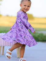 Rylee Faith Designs - Fall Lavender Floral Print Girls Long Sleeve Twirl Dress - alternate view 4